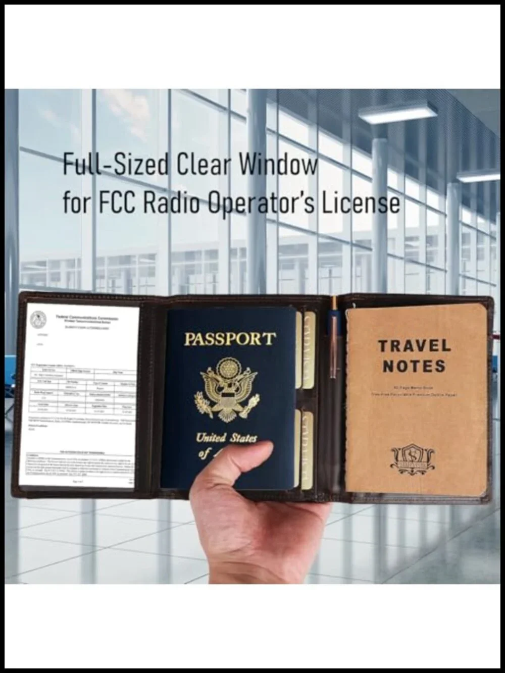 Full Grain Leather Pilot Passport Wallet Trifold with RFID Blocking and AirTag